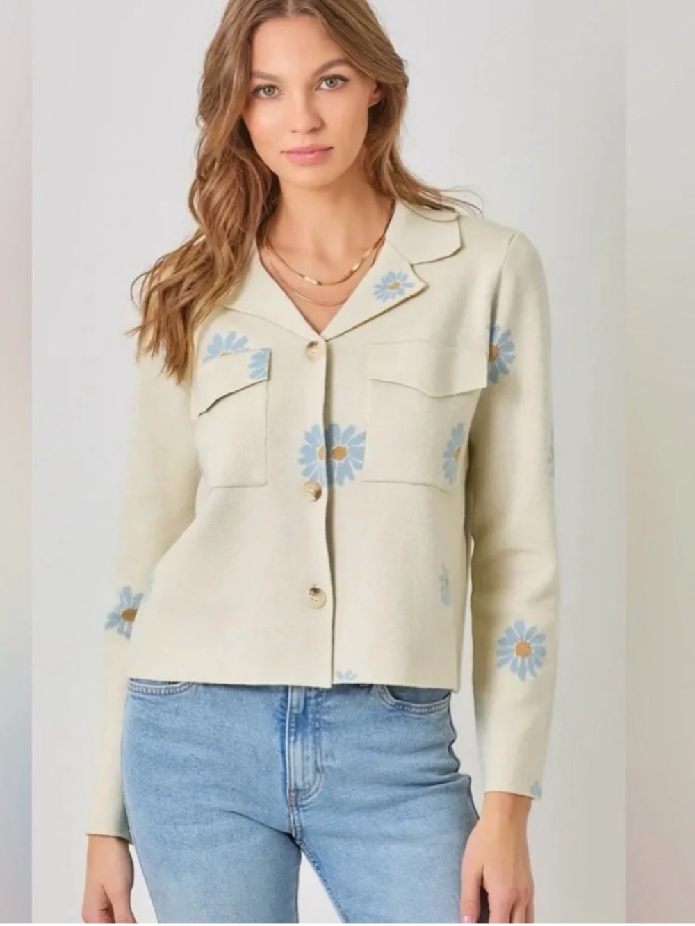 Mystree Cream Cardigan Sweater with Blue & Yellow Daisy Print